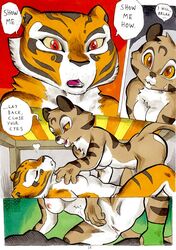 2012 anthro better_late_than_never breasts closed_eyes comic daigaijin dialogue english_text feline female fur furry heart kung_fu_panda master_tigress mei_ling nipples nude page_38 panties pussy red_eyes skimpy text tiger tongue topless underwear yellow_eyes yuri