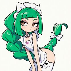 ai ai-created ai_art ai_generated apron apron_only asymmetrical_bangs blank_expression braided_hair braided_ponytail brown_eyes emotionless female green_hair hands_on_legs harujio_(pokemon) leaning_forward lebanne_(pokemon) long_hair looking_away maid_headdress multiple_bows neck_ribbon pokemon pokemon_legends:_z-a pokemon_za shittyaistuff thighhighs white_thighhighs