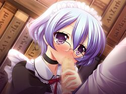 blush censored fellatio frills game_cg glasses mercuria mercuria_-mizu_no_miyako_ni_koi_no_hanataba_wo- mitsumomo_mamu oral penis purple_eyes