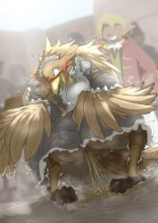 absurd_res anthro aristocrat avian basket beak bird blush bodily_fluids bread brown_body brown_feathers clothed clothing cobblestone container crouching duo faceless_character feathered_wings feathers feet female food genital_fluids grin groceries hi_res holding_basket holding_container holding_object kemono knock-kneed maid_uniform mammal mttbsmn omorashi open_beak open_mouth outside peeing public smile talons tears toes town uniform urine urine_pool wetting winged_arms wings