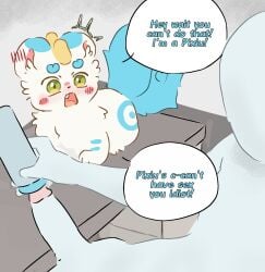 ambiguous_gender asian_mythology blue_body blue_fur blush colored dialogue english_text erection fabulous_beasts faceless_character faceless_human fenz_(studio) feral fur genitals green_eyes group hi_res human izih looking_at_another lying mammal mythology open_mouth paws penetrable_sex_toy penis pixie red_cheeks sex_toy shaking shocked simple_coloring speech_bubble text tianlu_(fabulous_beasts) trembling trio white_body white_fur