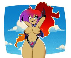 1girls ambyva armor armwear big_breasts bikini_armor blue_eyes breasts breasts_out cape cleavage female female_only flame flaming_hair hair hips neckwear nipples ponytail purple_hair revealing_clothes shantae shantae_(character) shantae_advance:_risky_revolution shoulder_pads smile solo solo_female thick_thighs thighs tied_hair two-tone_hair