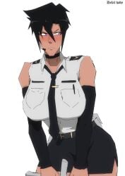 1girls airport_security artist_name athletic athletic_female baton belt big_breasts black_hair blush collar curvy dark-skinned_female defal_hady_(artist) detached_sleeves ear_piece embarrassed illia illia_(defal_hady) large_breasts looking_at_another looking_away miniskirt muscular muscular_female oc original original_character pencil_skirt purple_hair short_hair sleeveless_shirt speaker_ears tie tomboy toned toned_female tonfa watermark