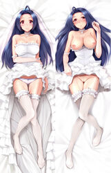 1girls ahoge bare_shoulders blue_hair blush bow bow_panties breasts cameltoe choker cleavage collarbone dakimakura dress elbow_gloves feet female garters gloves high_resolution idolmaster large_breasts long_hair looking_at_viewer lowleg lowleg_panties lying miura_azusa nipples no_shoes on_back panties pussy red_eyes shiny shiny_skin smile solo strapless_dress taut_shirt thigh_gap thighhighs thighs underwear veil wedding_dress white_dress white_gloves white_legwear yuki_usagi_(mofurafu)