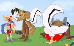 anal anal_sex anthro anthro_only arma's_quest arma_(arma's_quest) armadillo armor bikini blush bodily_fluids bottomless clothed clothing duo female from_front_position grass_field hi_res image_sequence instant_loss_2koma magic_user male male/female mammal mating_press meatboom melee_weapon mephitid penetration scarf sex size_difference skunk smug_face sweat swimwear sword two-piece_swimsuit undressing weapon xenarthran