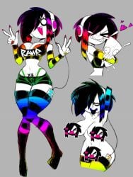 1girls areola_slip arm_warmers armwear booty_shorts breasts censored female gir_(invader_zim) headphones huge_ass huge_breasts oc pubic_tattoo rainbow_clothing rainbow_hair scene scene_(fashion) scene_hair scenecore shorts small_waist sqwunx_(artist) thighhighs thong thong_straps tongue_out xx_k4w4ii_k1ll3r_xx