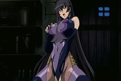 animated black_hair blush bodysuit breast_squeeze breasts dark_skin erect_nipples huge_breasts leotard long_gloves long_hair lowres masturbation morino_yuuko nipple_tweak nipples pussy screencap spread_legs sweat tentacle_and_witches thighhighs