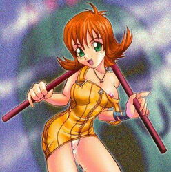 1girls areolae brown_hair cum dress female final_fantasy final_fantasy_viii green_eyes hair jpeg_artifacts nipple_slip nipples no_panties nunchaku pussy pussy_juice selphie_tilmitt solo weapon wet