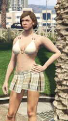 3d 3d_(artwork) absurd_res absurdres alternate_costume bare_shoulders breasts brown_hair cleavage collarbone edited_screencap female female_focus female_only fingernails game_mod grand_theft_auto grand_theft_auto_v hair_pin hand_on_hip happy_female karen_daniels large_breasts large_tits leaning leaning_to_the_side looking_at_viewer los_santos mature_female mature_woman michelle_(gta) miniskirt navel older_woman partially_clothed_female pink_lipstick pleated_skirt police_woman short_hair short_skirt simmeh skimpy_clothes skirt smug_face standing summer teal_eyes tomboyish undercover white_bikini_top white_miniskirt white_plaid_skirt