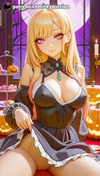 1girls 2025 ai_assisted ai_generated anime artist_name bat blonde_hair breasts bust candle candlestand candy clothes_lift cup dress dress_lift drinking_glass earrings emoji explicit female fire flame food halloween halloween_bucket happy_halloween hi_res high_quality high_resolution highres honey indoors jack-o'-lantern jewelry kitagawa_marin legs_apart lifted_by_self lollipop long_hair marin_kitagawa moon my_dress_up_darling night no_panties orange_(fruit) pancake patreon patreon_username pumpkin skirt_lift skypassion sono_bisque_doll_wa_koi_wo_suru spread_legs stable_diffusion watermark window