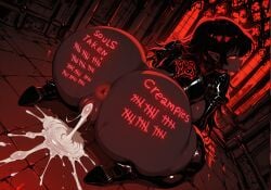 ai_generated all_fours anime_style anus ass_bigger_than_head ass_focus ass_up big_ass big_breasts cum_in_pussy demon demon_girl g-string leather_clothing red_body red_eyes shunkadooai tally_marks text thong