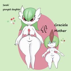 absurd_res anthro breasts daughter_(lore) duo eddiebrije fan_character female gardevoir generation_3_pokemon genitals green_hair hair hi_res mother_(lore) mother_and_child_(lore) mother_and_daughter_(lore) nintendo nipples not_furry nude parent_(lore) parent_and_child_(lore) parent_and_daughter_(lore) pokemon pokemon_(species) pussy ralts simple_background smile text vulva white_body wide_hips