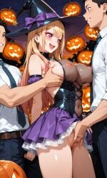 1girls 2boys ai_generated bare_pussy blonde_hair breasts casual_exposure cosplay costume covered_nipples crowd encoder female festival fingering fingering_pussy grabbing grabbing_breasts grabbing_from_behind helloween jack-o'-lantern kitagawa_marin male masturbating_other masturbation nipples no_panties outdoors public public_exposure pussy see-through see-through_clothing sideboob sono_bisque_doll_wa_koi_wo_suru touching_breast touching_pussy transparent_clothing vagina witch witch_costume witch_hat