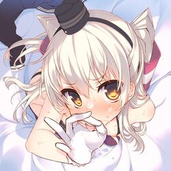 amatsukaze_(kantai_collection) bare_shoulders blonde_hair brown_eyes cum facial fellatio_gesture gloves hat kantai_collection nipples tatami_to_hinoki tied_hair tongue twintails