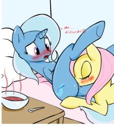 2012 bed blue_hair blush cutie_mark equine female fluttershy_(mlp) friendship_is_magic hair horn horse long_hair my_little_pony pegasus pink_hair pony purple_eyes pussy smooth_skin soup spoon trixie_(mlp) unicorn wings yuri zev