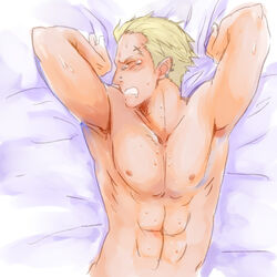 armpits bed bed_sheet blonde_hair blush clenched_teeth closed_eyes earrings jewelry lying male male_only muscles persona persona_4 piercing profile scar short_hair solo sweat tatsumi_kanji tear yasashii_morita