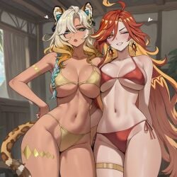 2girls ai_assisted ai_generated animal_ears animal_tail big_ass big_breasts bikini blush breasts collarbone dark-skinned_female dark_skin duo female genshin_impact grin heart hips light-skinned_female light_skin looking_at_viewer mavuika_(genshin_impact) navel one_eye_closed open_mouth smile sweat sweatdrop truck-kun_art truck_kun wide_hips wink xilonen_(genshin_impact)