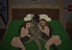 aela_the_huntress afterglow anthro argonian balls bed cum cum_inside dovahkiin female human interspecies lizard lizardman lydia male nord nude painis18 penis pussy reptile scalie skyrim straight the_elder_scrolls video_games