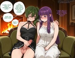 1futa 1girls ai_generated balls bangs bare_shoulders belt blush breasts couch dress english_text enjoyerartai erection female fern_(sousou_no_frieren) fireplace futa_on_female futanari green_hair hair_between_eyes hi_res indoors intersex long_hair multiple_females multiple_girls penis purple_eyes purple_hair side_ponytail sitting smile sousou_no_frieren speech_bubble testicles ubel_(sousou_no_frieren) uncensored white_dress