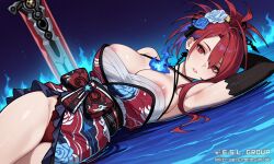 ai_generated areola_slip areolae arm_behind_head armpits bare_shoulders black_gloves blue_fire blue_flower blue_hair breasts cleavage clothing criss-cross_halter elbow_gloves elizabeth_rose_bloodflame elizabeth_rose_bloodflame_(new_year) elizabeth_rose_bloodflame_ch. eroticsinlab female fire floral_print flower gloves greatsword hair_between_eyes hair_flower hair_ornament halter_top halterneck hololive hololive_english hololive_english_-justice- jewelry kimono landscape large_breasts lips long_hair looking_at_viewer lying multicolored_hair nipple_slip nipples obi on_side one_arm_up pantsu parted_lips partially_submerged planted_sword planted_weapon ponytail red_eyes red_hair red_kimono red_panties red_underwear robe rose sarashi sash short_kimono solo sword thighs tied_hair traditional_clothes underwear virtual_youtuber wafuku wallpaper wardrobe_malfunction water weapon white_flower