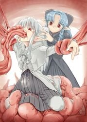 ambiguous_penetration blue_hair bondage bow covered_penetration dress hairbow highres implied_penetration implied_sex kagetsu_tohya katatuki len len_(tsukihime) melty_blood pointy_ears red_eyes sex sex_under_clothes sex_under_dress tentacle tentacle_under_dress tentacles_under_clothes thighhighs tsukihime type-moon white_hair white_len