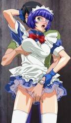 blue_hair breast_grab breasts eye_patch glove highres ikkitousen large_breasts maid ryomou_shimei short_hair yabusame