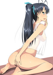 1girls 94plum anal_hair anus ass bare_shoulders barefoot bottomless camisole censored earrings feet female female_anus_hair female_only ganaha_hibiki hair_ribbon hand_on_chin highres hoop_earrings idolmaster looking_at_viewer looking_back ponytail pubic_hair pussy see-through solo tank_top tied_hair toes