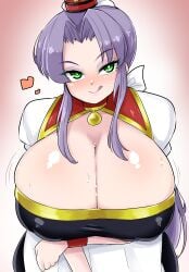 1girls :q apron armlet blush bouncing_breasts breasts breasts_bigger_than_head cleavage crossed_arms cynthia_(ys) dress eye_contact eyeshadow falcom female female_focus gigantic_breasts green_eyes hat huge_breasts imminent_paizuri jewelry large_breasts lips lipstick long_hair long_skirt looking_at_viewer makeup male male_pov mini_hat motion_lines naughty_expression naughty_face naughty_smile necklace nipples nipples_visible_through_clothing norori paizuri_invitation pendant pov puffy_sleeves purple_hair ribbon shopkeeper short_sleeves skirt smile sweat tied_hair tongue tongue_out ys