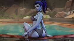 1girls 3d 3d_(artwork) 3d_render ass bikini blizzard_entertainment blue_skin breasts choker female glass_cup medium_breasts nipples nipples_visible_through_clothing overwatch overwatch_2 ponytail pool poolside purple_hair sfrinzy solo tagme thong widowmaker yellow_eyes