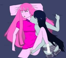 adventure_time bed black_hair blush breasts closed_eyes clothing dress female fingering hair long_hair marceline nipples on_back panties panties_on_side penetration princess_bubblegum pussy sex socks spread_legs spreading topless undead underwear vaginal_penetration vampire yuri