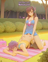 1boy 1futa 2025 ai_generated anal animal_print artist_name bangs bare_shoulders blush breasts brown_eyes brown_hair bush bust casual chest collarbone d.va facepaint facial_mark futa_on_male futanari grass headphones hi_res high_quality high_resolution highres intersex long_hair male novalust outdoors overwatch patreon patreon_username purple_hair sex_from_behind shirt short_hair sleeveless stable_diffusion striped tree watermark whisker_markings