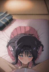 1boy 1boy1girl 1girls :>= ai_generated anime anime_girl anime_style black_hair blue_eyes blush blush_lines devaster female from_above futon hairband half-closed_eyes indoors japanese_room kaoru_hana_wa_rin_to_saku lips long_hair looking_at_penis male oral_sex penis saliva school_bag school_uniform schoolgirl shirt sitting skirt sucking sweat tatami waguri_kaoruko