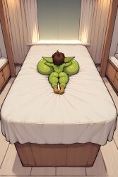 ai_assisted ai_generated backboob big_breasts breasts busty edit female goblin goblin_female green_skin huge_breasts lying lying_on_stomach shortstack white_hair