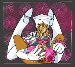 1boy 1girls artist_name breasts chains collar cum cum_on_breasts cum_on_face dark-skinned_male dark_skin female femdom ghostdonut handjob hat licking licking_penis male male/female marie_anto penis persona persona_5 persona_5_tactica pink_body pink_eyes pink_nipples pink_skin ring tagme