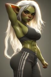 ai_assisted ai_generated armpit big_breasts breasts bubble_butt busty edit female goblin goblin_female green_skin gym_clothes huge_breasts muscular muscular_female shortstack white_hair