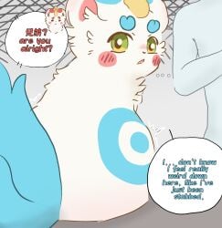 ambiguous_gender asian_mythology bixie_(fabulous_beasts) blue_body blue_fur blush brother_(lore) brothers_(lore) colored curious dialogue english_text fabulous_beasts fenz_(studio) feral fur green_eyes group hi_res horn human izih mammal mythology pixie red_cheeks sibling_(lore) simple_coloring sitting speech_bubble text tianlu_(fabulous_beasts) trio white_body white_fur