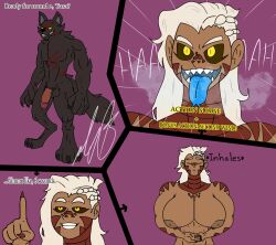 1boy abs black_sclera blue_tongue breasts brown_nipples dnd_character dungeons_and_dragons exposed_breasts female flareup006_(spacemonkey006) huge_breasts long_hair male massive_breasts scaled_forearms scales scalie scalie_female scalie_humanoid sharp_teeth small_waist tail transformation tua'tara_windfury werewolf werewolf_transformation white_hair wolf_humanoid wolf_man yellow_eyes