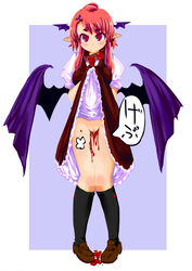 1girls big_eyes blood breasts clothing collar cross-eyed demon_girl demon_wings dress dress_lift female hair_ornament head_wings headwings koakuma long_hair looking_at_viewer menophilia menstruation mole mole_under_eye no_panties period_blood pointy_ears pussy red_eyes red_hair red_phantom shoes simple_background smile socks solo succubus thigh_gap thighhighs touhou uncensored very_long_hair wings