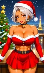 1woman abs ai_generated arm_support bare_hips bare_shoulders billiemi02 brown_eyes christmas_outfit cityscape cleavage dark_skin eiffel_tower europe fantasy happy_holidays inviting_to_sex king_of_fighters king_of_fighters_xiv king_of_fighters_xv large_breasts lipstick middle_eastern_female midriff najd_(kof) night_sky overseas paris photo seductive seductive_smile sexy short_green_hair skirt sleeveless snk stable_diffusion thick_thighs upper_body voluptuous_female waifu witch