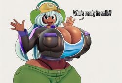 1girls ai_generated aqua_hair ass ass_bigger_than_head baseball_cap big_thighs bigger_&_better black_eyes borrowed_character breasts breasts_bigger_than_head brown_skin butt_crack cleavage clothed cropped_jacket dark-skinned_female dark_skin dialogue dolly_dimpley female female_only gigantic_ass gigantic_breasts headphones hoodie huge_thighs hyper hyper_ass hyper_breasts hyper_thighs long_hair no_bra open_mouth revealing_clothes short_shorts sideass smiling_friends solo text thick_thighs thighs