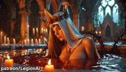 ai ai_art ai_generated bath black_hair blood candle crown dark_fantasy female grimdark nude_female nun original_character priestess red_water solo_female thorns
