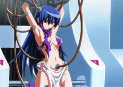 attachments blue_eyes blue_hair bondage bound cleavage eve_neuschwanstein long_hair looking_down navel needless oppai presented scarf torn_clothes torn_clothing