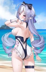1girls breasts exposed_breasts female hoyoverse legs long_hair matrix16 mihoyo official_alternate_costume purple_hair red_eyes sideboob swimsuit vivian_banshee vivian_banshee_(iris_of_the_shore) white_swimsuit zenless_zone_zero