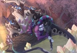 3_heads 4_toes 5_toes 6_legs 6_limbs absurd_res albtraumwach ambiguous_fluids anal anal_sex anthro anus arm_tuft blue_claws blue_horn blue_markings blue_nose blue_pawpads blue_vulva breasts cheek_tuft claws crystal detailed_background double_penetration dragon drelmoth duo elbow_tuft facial_tuft fangs feet felid feline female fluffy_ears forest forest_background fur genitals grass hi_res hooves horn knot knotted_penis konvu male male/female mammal markings multi_arm multi_eye multi_genitalia multi_head multi_knot multi_limb multi_penis multicolored_body multicolored_fur multicolored_penis mythological_creature mythological_scalie mythology nature nature_background neck_tuft pawpads penetration penile penile_penetration penis penis_fluid penis_in_ass plant pose purple_body red_eyes scalie sex size_difference sunset taur teeth toes tree tuft vaginal_penetration vulva