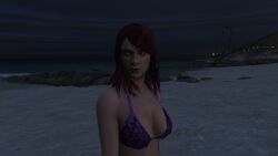3d absurd_res absurdres artist_request beach bikini_top breasts brown_hair cleavage clothed_female disinterested edited_screencap emotionless emotionless_female erect_nipples expressionless female game_screenshot grand_theft_auto grand_theft_auto_online grand_theft_auto_v huge_breasts huge_tits indifference indifferent long_hair los_santos nameless_character navel night_sky npc oblivious_sexualization ocean purple_bikini_top rockstar_editor rockstar_games source_request standing summer unbothered uncaring uncaring_female unnamed_character