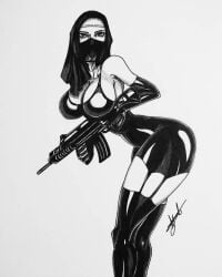 2018 absurd_res absurdres armwear assassin assault_rifle bare_shoulders beautiful_woman beta_design black_dress breasts character_request cleavage clothed_female dress early_design female female_assassin female_focus female_only greyscale gun hitman hitman_absolution holding_assault_rifle huge_breasts leather_armwear leather_dress leather_thighhighs lewd_pose lexjn mature_female mature_woman signature sketch the_saints_(hitman_absolution) thighs tomboy veil watermark wide_hips