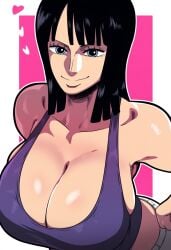 ai_generated black_hair blue_eyes bursting_breasts clothing female female_only gigantic_breasts huge_breasts lubbasdump midriff nico_robin one_piece smile smiling sweatpants tank_top tight_clothing wide_hips