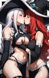 2girls ai_generated fairy_tail irene_belserion kissing milf mirajane_strauss red_eyes white_hair