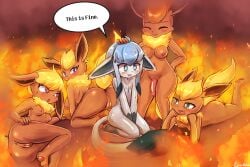 2025 3:2 anthro anus areola ass biped blue_eyes breasts closed_eyes dialogue digital_media_(artwork) eeveelution english_text female fingers fire flareon generation_1_pokemon generation_4_pokemon genitals glaceon green_eyes group gynomorph hair intersex lumineko nintendo nipples nude open_mouth penis pokemon pokemon_(species) pussy speech_bubble tail text