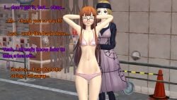 2girls atlus bra casual clothing exhibitionism female human indecent_exposure mifune_chihaya ofugh only_one_naked pale_skin panties persona persona_5 public removing_bra sakura_futaba taking_off_bra underwear underwear_only undressed_by_others undressing undressing_another xnalara